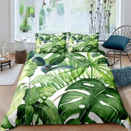 Palm Leaf Bed Cover Green Tropical Leaves Pattern Bedding Set Chic Watercolor Design Duvet Cover for Children Kids Boys Girls Botanical Leaf Branches Bedspread Cover Room Decor Single Size
