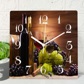ArtSocket Wooden Wall Clock Silent Non-Ticking, Red Wine Grapes Farmhouse Modern Square Rustic Wall Clocks Decor for Home Kitchen Living Room Office, Battery Operated(12 Inch)