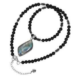 TUMBEELLUWA Natural Labradorite Pendant Necklace Black Obsidian Healing Crystal Beaded Necklaces Beachy Boho Bohemian Hippie Jewelry Gift for Women Men