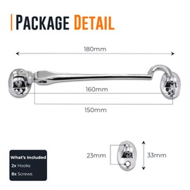 onesto Pack 2 Chrome Cabin Hook | 150mm Cabin Door Hook and Eye Latch | Eye Silent Catch Door Latch Holder with Screws | Chrome Door Hook Lock for Window, Garden Gate & Door | (Silver, 150mm)
