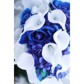 IFFO Royal Blue Bouquet, Bridal Bouquets for Wedding，White Calla Lily Bridal Bouquet, Water Drops Waterfall Shape, Luxury Jewelry Bouquet Romantic Wedding (No Jewelry)