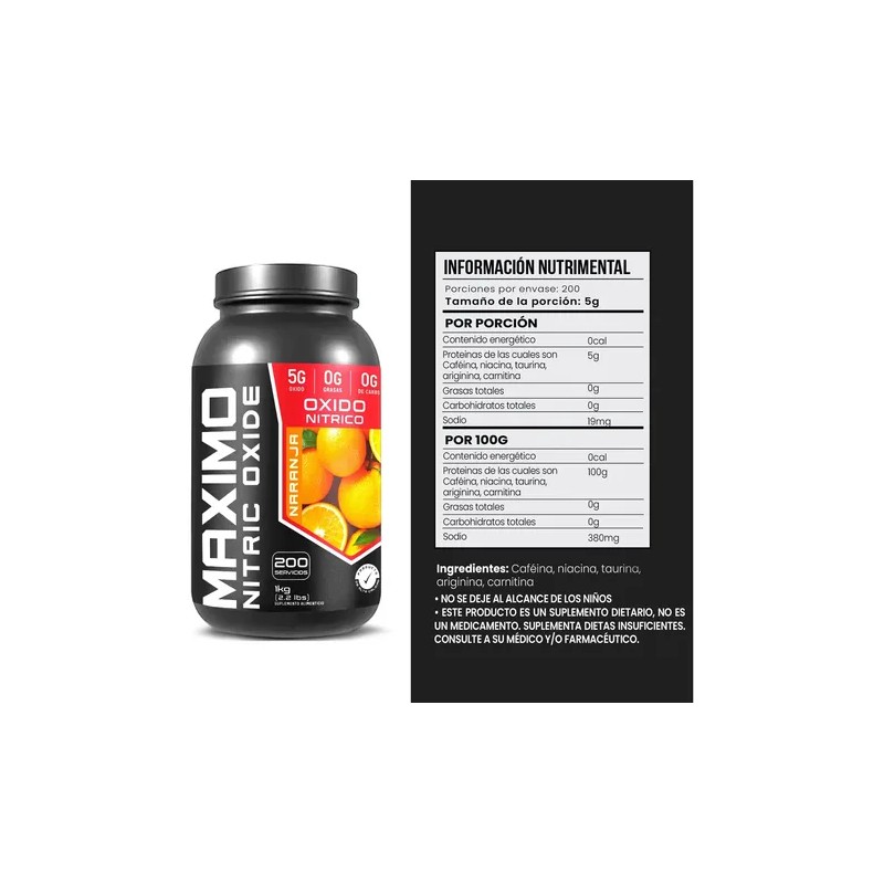 Óxido Nítrico 1kg Maximo Protein Pre Entreno 200 Servicios