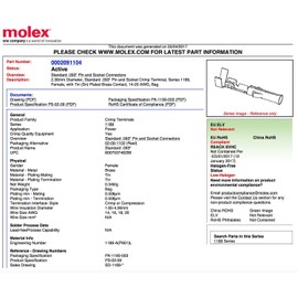 Molex Connector Lot, (6-Circuits) w/14-20 AWG .093" Pins, Pitch .198", 6A, 600V