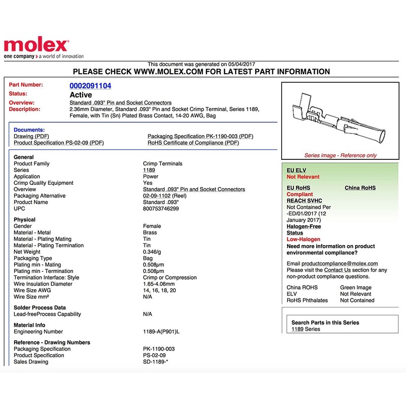 Molex Connector Lot, (6-Circuits) w/14-20 AWG .093" Pins, Pitch .198",