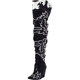 Cape Robbin Hilda Cowboy Boots Women, Over the Knee Western Cowgirl Boots with Chunky Block Heels, Neon Faux Snakeskin Booties - Black Size 6.5