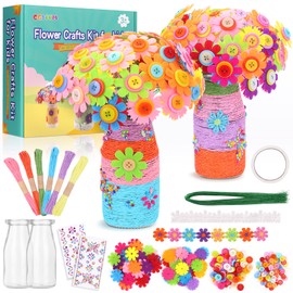 Flower Craft Kit for Kids, Funny Craft Kit for Girls’, Boys’, Kids’ Art, Colourful Buttons, Felt Flowers, Vase Craft, Accessories for Party, for Kids Aged 4, 5, 6, 7, 8, 9, 10 Years