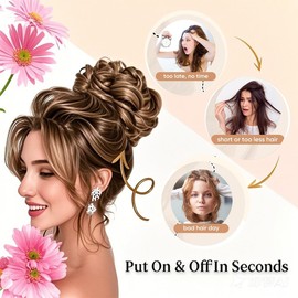 VADES Claw Clip Ponytail Extension Real Human Hair Messy Bun Hair Piece for Women Wavy Curly Chignon Hair Bun Extension Tousled Updo Hairpieces with Clip Color #6 Medium Brown Hair Bun for Daily Wear