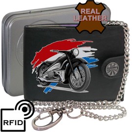 Biker Classic Vintage Motorbike Motorcycle Netherlands Flag Mens Chain Wallet Gift Box KLASSEK Brand Real Black Leather RFID Blocking with Coin Pocket