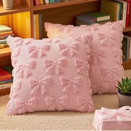 Dreamy Pink Pillow Covers - 2-Pack Bow Throw Pillows Pillowcase, Ultra-Soft Plush Decorative Cushions for Bed, Sofa, or Teen Room, 18x18 Inch - Cute & Feminin (Pink)