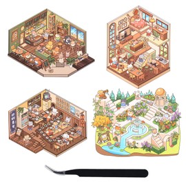 4 Sets 3D Sticker Scene Room DIY 3D House Stickers Cute Korean Stickers Deco Make Your Own Mini Room Stickers Funny Scrapbook Stickers Cartoon Scene Sticker for Adult Kids Relief Stress Pass The Time