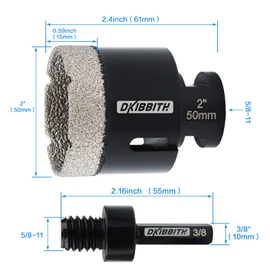DKIBBITH Dry Diamond Core Drill Bits, 2 Inch Tile 50mm Vacuum Brazed Angle Grinder Hole Saw for Porcelain Ceramic Granite Brick Concrete with 5/8-11 Thread to 3/8'' Hex Shank Adapter, Black