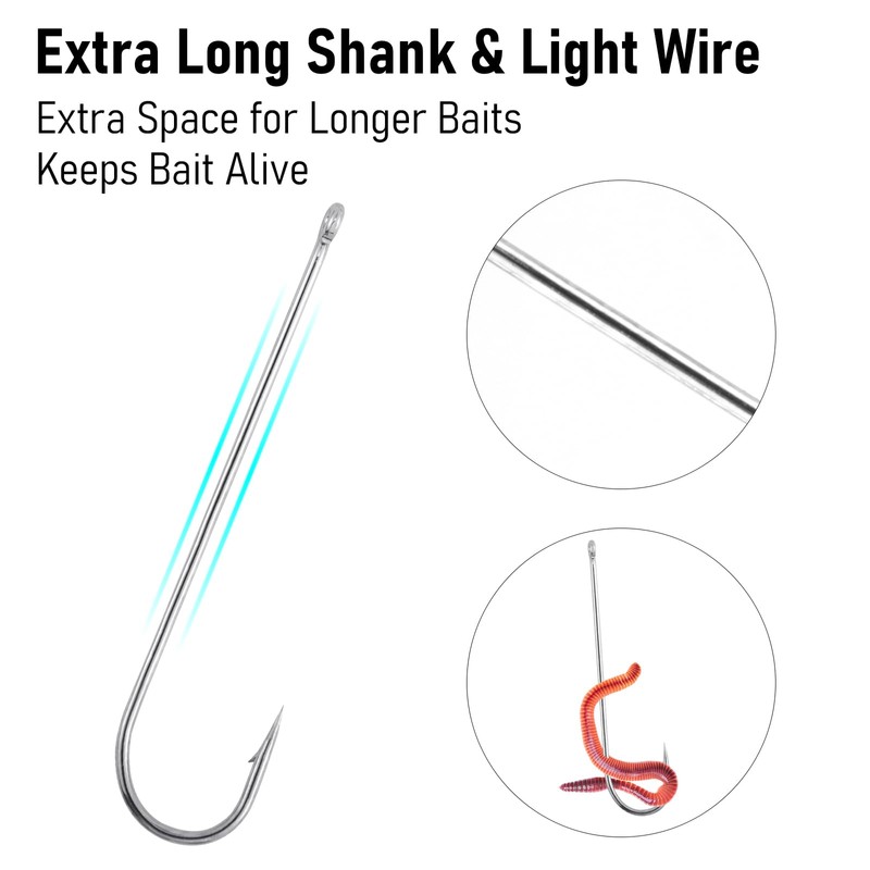 Dr.Fish 100 Pack Aberdeen Hooks Freshwater Fishing Hooks, Extra Long