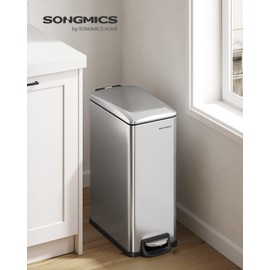 SONGMICS Slim Trash Can, 13-Gallon (50 L) Garbage Can for Narrow Spaces with Soft-Close Lid, Inner Bucket, and Step-on Pedal, Stainless Steel, 15 Trash Bags Included, Silver ULTB510E48