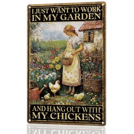 MOLESS Funny Garden Sign – I Just Want to Work in My Garden and Hang Out with My Chickens | 12x8″ Vintage Metal Sign for Outdoor Decor - Gardening Gift for Women Chicken & Plant Lovers, 2486