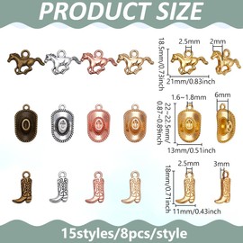 PH PandaHall 120PCS 15 Styles Western Themed Cowboy Charms Western Horse Charms Tibetan Alloy Cowboy Boot Hat Pendants Charms Cowboy Metal Charms for Bracelet Necklace Jewelry Keychain Making