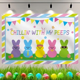 Chillin With My Peeps Easter Banner 72x48 Inch with 4 Brass Grommets Large Size Easter Backdrop Happy Easter Banner for Bunny Themed Party Photography Indoor Outdoor Garden Yard Home Decorations