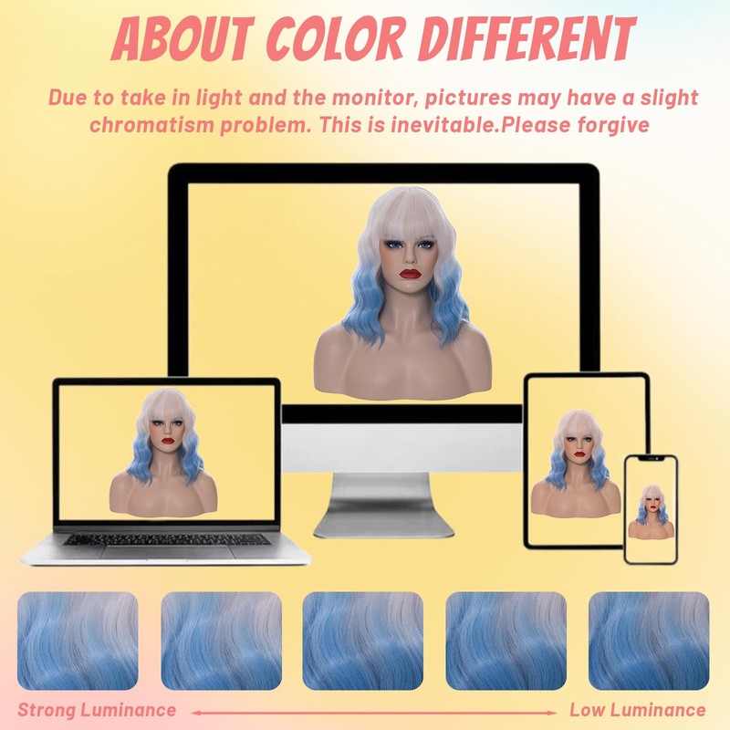14" White Ombre Light Blue Short Bob Wavy Curly Bangs