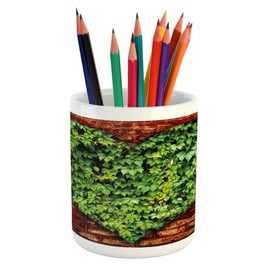 Lunarable Love Pencil Pen Holder, Heart Shaped Curve on Brick Wall with Full of Leaves Valentines Romance Print, Printed Ceramic Pencil Pen Holder for Desk Office Accessory, Red Lime Green