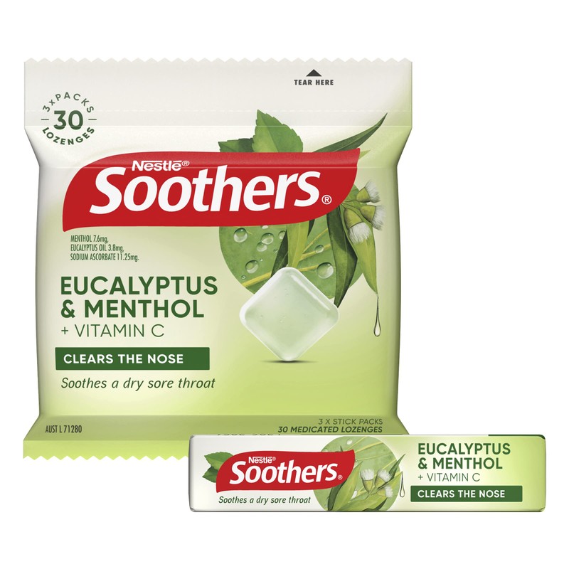 SOOTHERS Eucalyptus and Menthol Sore Throat Lozenges 30 Pack, 120g