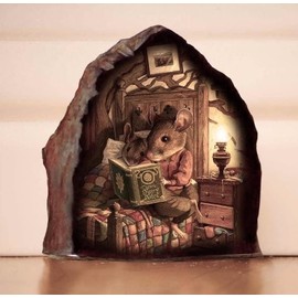 Mouse Hole Wall Decal, 3D Mouse Hole Realistics Wall Sticker, Mouse Reading Book Decal Fun Art, Water Proof Stickers for Bedroom Decor Wall Treatments and Supplies