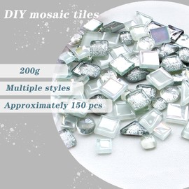 Mosaic Tiles Arts and crafts,Mosaic kits for Adults,200g Irregular Mosaic Tiles Square,Assorted Multicolor Crystal Glass Mosaic Stones for Crafts Home Decoration,Wall,Photo Frame(Silvery White Series)