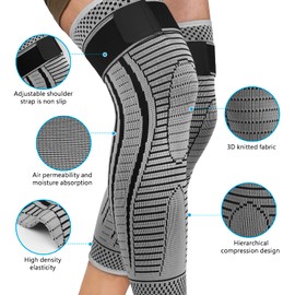 Full Leg Compression Sleeves 2 Pack anti Sliping Ventilation Long Knee Support with Wraps for Men and Women Long Knee Compression Sleeve for ACJ, PCL, Meniscus Tear, Arthritis, Tendinitis (Gray,