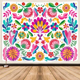 GOAOK Mexican Tapestry, Colorful Mexico Floral Traditional Aesthetic Hippie Tapestries, Mexican Ornate Ethnic Pastel Flowers Plant Tapestry Wall Hanging for Bedroom Living Room 80"x60" White