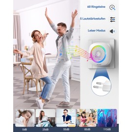 TECKNET Wireless Bell, 400 m Wireless Range Doorbell Set with RGB Light, IP66 Outdoor Waterproof Front Door Bell with 2 Plug-in Receivers, 60 Ringtones, 5 Volume Levels and LED Flashing