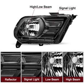 JSBOYAT Headlight Assembly Replacement w/Bulbs for 2010 2011 2012 2013 2014 Ford Mustang Headlamp Driver & Passenger Side (Black Housing with Clear Reflector)
