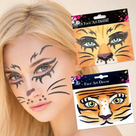 Tiger Face Temporary Tattoos and Lion Face Stickers - Christmas Thanksgiving Party Favors, Animal Body Paint for Stage Performance, Glitter Makeup - 2Pcs