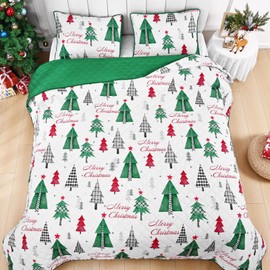 FRAMICS Christmas Quilt King Size, 3 Pieces Christmas Tree Quilt Sets with 2 Pillow Shams, Merry Christmas Beding Set Reversible Soft Lightweight Quilts, Green Christmas Bedspread Coverlet, 106"x96"