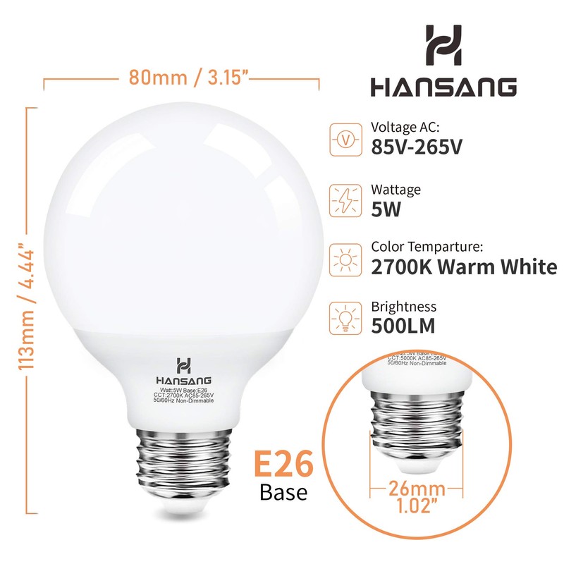 G25 Vanity Light Bulb 2700K Warm White 8 Pack,Hansang LED