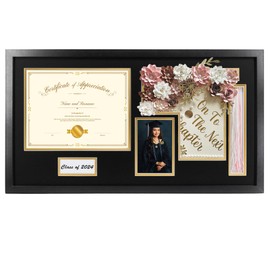 Hodeframe 14x26 Black Shadow Box Diploma Frame with Graduation Cap & Tassel Holder for 8.5x11 Diploma and 4x6 Photo with MDF Wood and Plexiglass, Black Over Gold Mat for Wall, Graduation Keepsakes