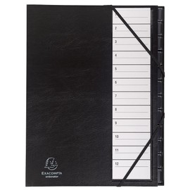 Exacompta 625665E Premium Folder with Hard Cover for DIN A4 and 12 Compartments 1-12 with Expandable Spine, 2 Elastic Bands, Label Holder, Card Tab with Magnifying Effect Black