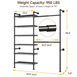 ONBRILL H2 Wall Mounted Clothing Rack, Expandable Industrial Pipe Clothes Rack Garment Racks for Hanging Clothes, Heavy Duty Closet Organizers and Storage in Closet System, Black