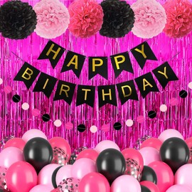 Birthday Decorations for Men Women Boys Girls, Black and Hot Pink Birthday Party Decorations, Happy Birthday Banner, Circle Dots Garland, Tissue Paper Pompoms, Fringe Curtain Birthday Party Supplies
