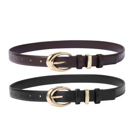 KONQUWA Women's Cow Leather Belt for Jeans Pants Fashion Ladies Skinny Dress Waist belt with Gold Buckle (A-Black + Coffee/Gold Buckle,27″-33″)