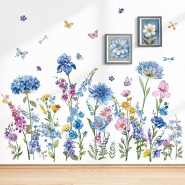 wondever Blue Spring Garden Flower Wall Stickers Wildflower Grass Floral Butterfly Peel and Stick Wall Art Decals for Living Room Bedroom TV Wall