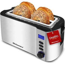 Elite Gourmet ECT4400B# Long Slot 4 Slice Toaster, Countdown Timer, 6 Toast Setting, Defrost, Cancel Function, Built-in Warming Rack, Extra Wide Slots for Bagel Waffle, Stainless Steel