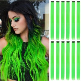 Myhstory 12 PCS Green Colored Clip in Hair Extensions Highlighted Hair Piece Straight Synthetic Clip in Hairpieces for Women (Green)