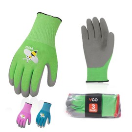 Vgo... 3 pairs Kids Gardening Gloves Utility, Children Working Garden Gloves Toddler Latex Coating for Boys&Girls Age 3-12 years