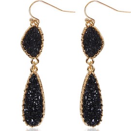 Humble Chic Simulated Druzy Drop Dangles - Long Double Teardrop Dangly Earrings for Women, Gold - Black Stone