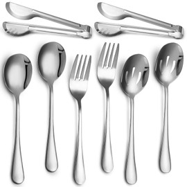 Patelai 8 Pieces Stainless Steel Serving Utensils Set 8.7" Large Spoons and Slotted Spoon 9.45" Tong 9" Serving Forks Flatware Wedding Party Buffet Banquet Cooking Kitchen Catering (Silver)