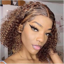 Bob Wigs Human Hair 13 x 4 Deep Curly Lace Front Wigs Human Hair for Women Short Lace Front Wigs Human Hair Pre Plucked Natural Hairline Blonde Ombre 4/27 Highlight Colour (16 Inches)