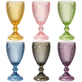 Chaos Coordinator Colored Wine Glasses set of 6 glass goblets, vintage Colored glassware, drinking glasses for a baby shower, wedding, birthday,or fancy glassware for everyday. (Multicolor)