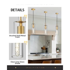 AUTELO 1-Light Pendant Lights Kitchen Island - Gold Pendant Light Fixtures, Vintage Hanging Lamp in Metal Finish with Clear Linear Glass, Kitchen Pendant Lighting over Island for Dining Room, H3875 BG