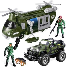 JOYIN Military Vehicles Toy Set of Friction Powered Transport Helicopter and Military Truck with Light and Sound Siren and Army Men Soldier Action Figures for Kids, Presents for Kids