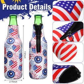 6 Pcs American Flag Beer Bottle Sleeves Patriotic USA Bottle Coolers Independence Day Neoprene Bottle Sleeve Funny Beverage Holders Slim Bottle Cover 4th of July Bottle Sleeve with Zipper for Glass