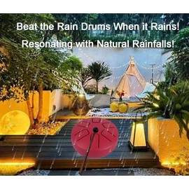 Rain Drum for Outside Garden, Mini Rain Chime Drum Handpan Drum Waterproof 3.8 Inches 6 Notes (Red)