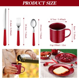 Nuogo 12 Pcs Enamel Camping Tableware Set Dinnerware Kit Includes 12 oz Coffee Mugs Camping Plates Bowls and Utensils Set with Knife Fork Spoon for 2 People Hiking Picnic Outdoor(Red)